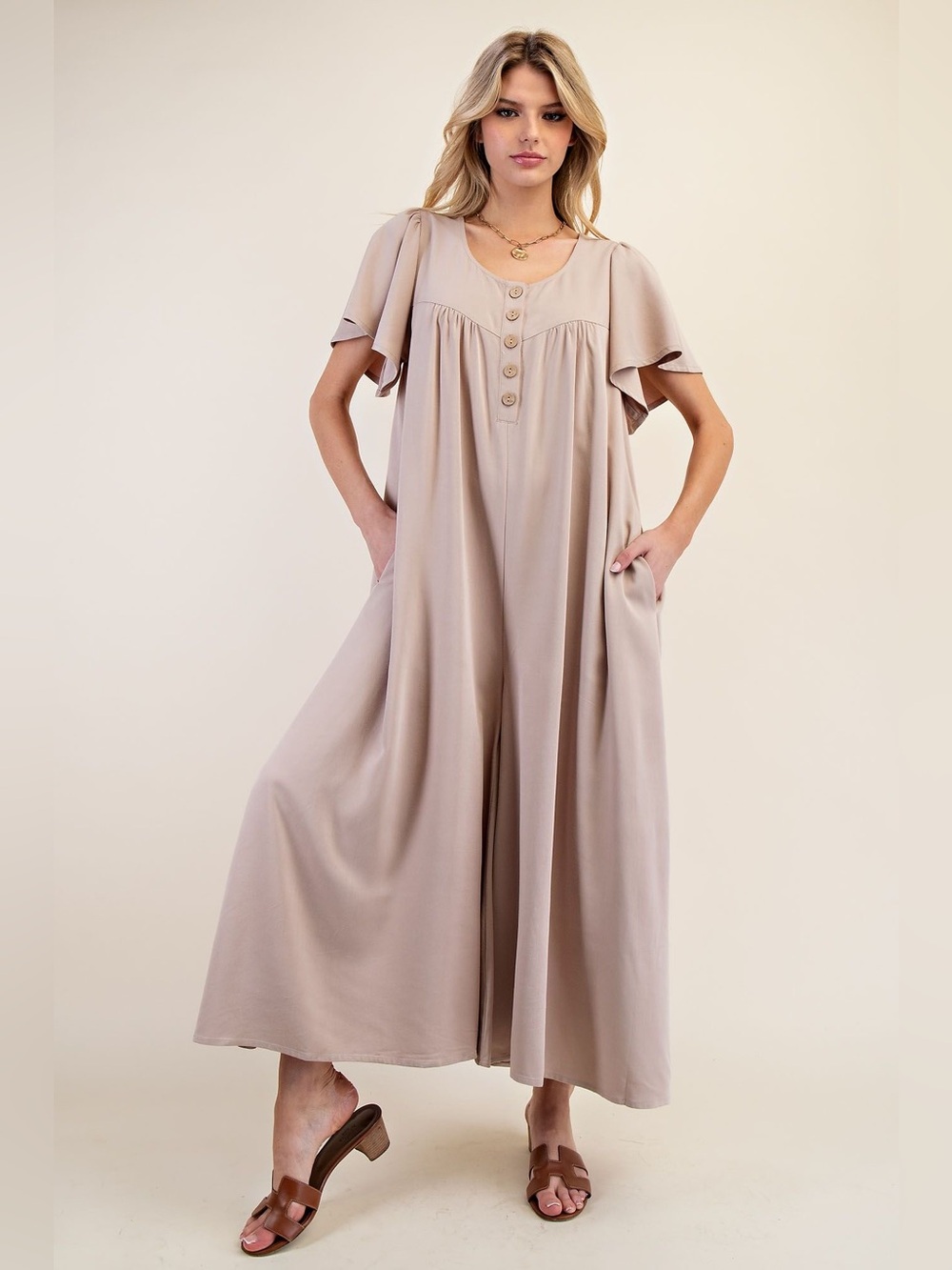 easel Taupe Button-Front Wide-Leg Jumpsuit